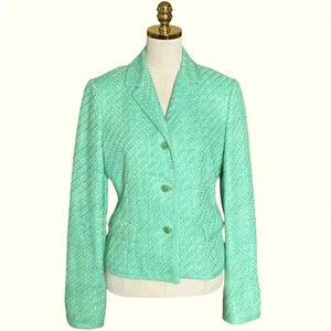 ELIE TAHARI | Women Mint Green Woven Tweed W/ Pocket Trim Cotton Blazer Size 12